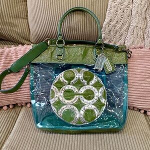 VINTAGE RARE Coach Julia Clear Op Art Perry Tote Bag Green Blue patent leather